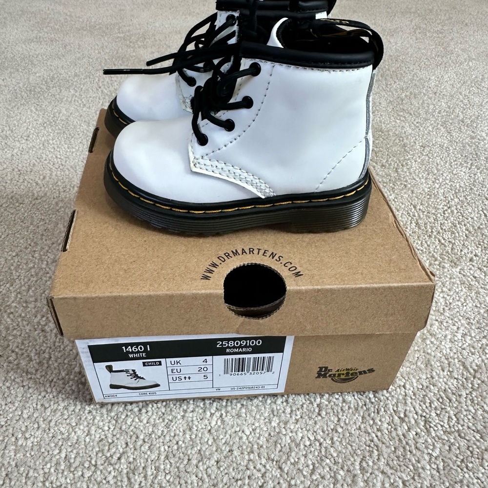 Dr. Martens Kids White Leather Ankle Boots with Black Trim